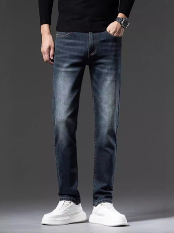 Мъжки дънки: средна талия, деним с високо съдържание на памук, тапериран прав крак, измит, мерцеризиран