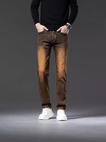 Мъжки дънки: средна талия, деним с високо съдържание на памук, тапериран прав крак, измит, мерцеризиран