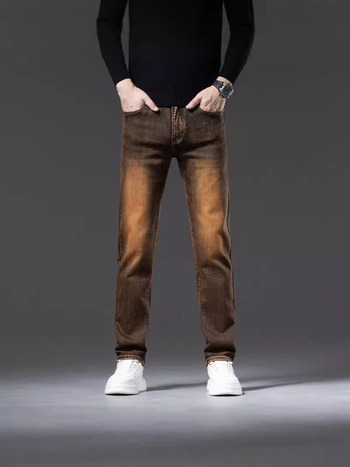 Мъжки дънки: средна талия, деним с високо съдържание на памук, тапериран прав крак, измит, мерцеризиран