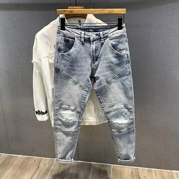 Дънки с японски ретро стил, тесен крачол, средна талия, вълнена материя, камъно измиване, цип