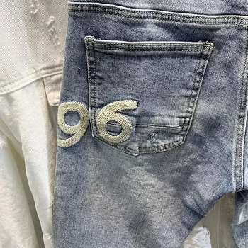 Дънки с японски ретро стил, тесен крачол, средна талия, вълнена материя, камъно измиване, цип