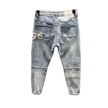 Дънки с японски ретро стил, тесен крачол, средна талия, вълнена материя, камъно измиване, цип