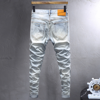 Мъжки дънки в корейски стил, slim fit, distressed ефект, микроеластичност, пет джоба, деним, средна талия, цип