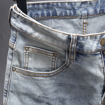 Мъжки дънки в корейски стил, slim fit, distressed ефект, микроеластичност, пет джоба, деним, средна талия, цип