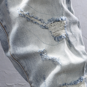 Мъжки дънки в корейски стил, slim fit, distressed ефект, микроеластичност, пет джоба, деним, средна талия, цип