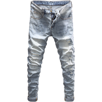 Мъжки дънки в корейски стил, slim fit, distressed ефект, микроеластичност, пет джоба, деним, средна талия, цип