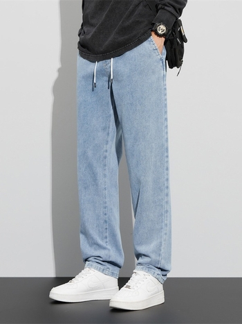 Ανδρικά τζιν από βαμβακερό ντένιμ, μεσαίας μέσης, ίσια γραμμή, πλυμένα και κερωμένα