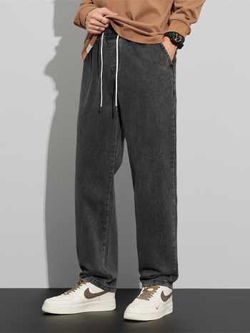 Мъжки дънки от памучен деним, средна талия, права кройка, измит и мерсеризиран