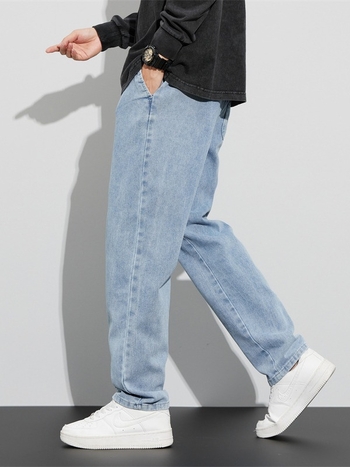 Мъжки дънки от памучен деним, средна талия, права кройка, измит и мерсеризиран