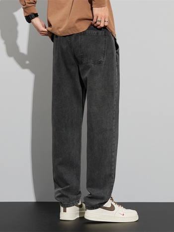 Мъжки дънки от памучен деним, средна талия, права кройка, измит и мерсеризиран