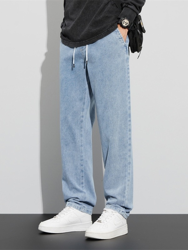 Ανδρικά τζιν από βαμβακερό ντένιμ, μεσαίας μέσης, ίσια γραμμή, πλυμένα και κερωμένα