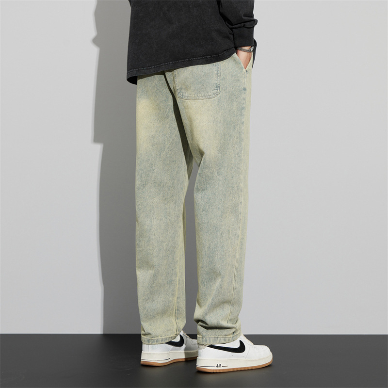 Ανδρικά τζιν από βαμβακερό ντένιμ, μεσαίας μέσης, ίσια γραμμή, πλυμένα και κερωμένα