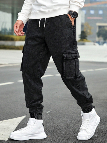 Мъжки дънки в корейски стил, свободна кройка, 70% памук, измиване, множество джобове
