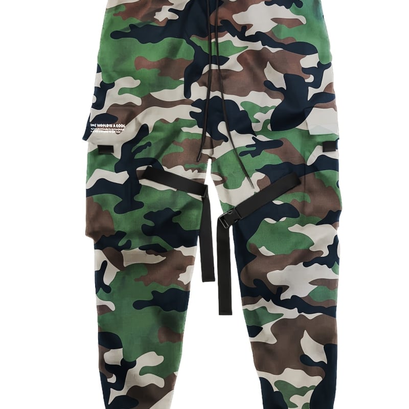 Pantaloni camuflați pentru bărbați, cargo ușoare pentru primăvară-toamnă, talie înaltă cu curea, croială dreaptă, mai multe buzunare
