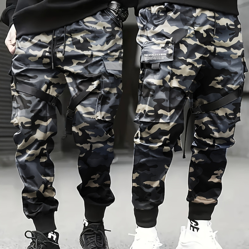 Pantaloni camuflați pentru bărbați, cargo ușoare pentru primăvară-toamnă, talie înaltă cu curea, croială dreaptă, mai multe buzunare
