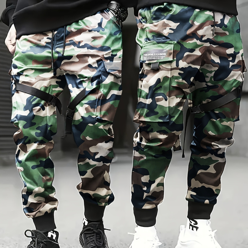 Pantaloni camuflați pentru bărbați, cargo ușoare pentru primăvară-toamnă, talie înaltă cu curea, croială dreaptă, mai multe buzunare
