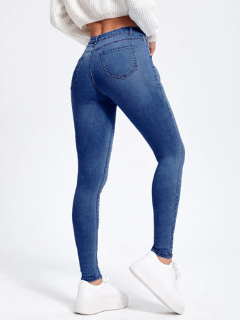 Jeans din denim, slim-fit cu elasticitate ridicată, bumbac 50–70% și poliester sub 30%, pantaloni lungi, primăvara 2025