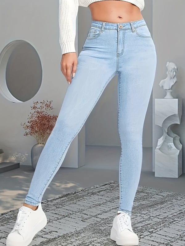 Jeans din denim, slim-fit cu elasticitate ridicată, bumbac 50–70% și poliester sub 30%, pantaloni lungi, primăvara 2025