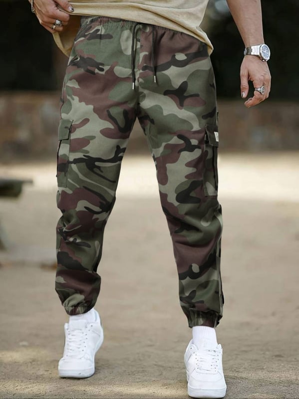 Pantaloni de vară pentru bărbați, exterior, stil workwear cu camuflaj, poliester, croi drept, talie medie, cu curea, buzunare multiple