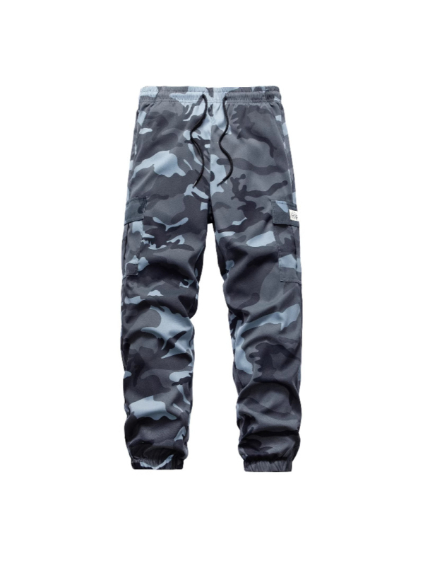 Pantaloni de vară pentru bărbați, exterior, stil workwear cu camuflaj, poliester, croi drept, talie medie, cu curea, buzunare multiple