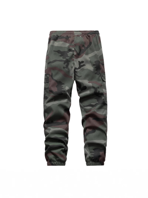 Pantaloni de vară pentru bărbați, exterior, stil workwear cu camuflaj, poliester, croi drept, talie medie, cu curea, buzunare multiple