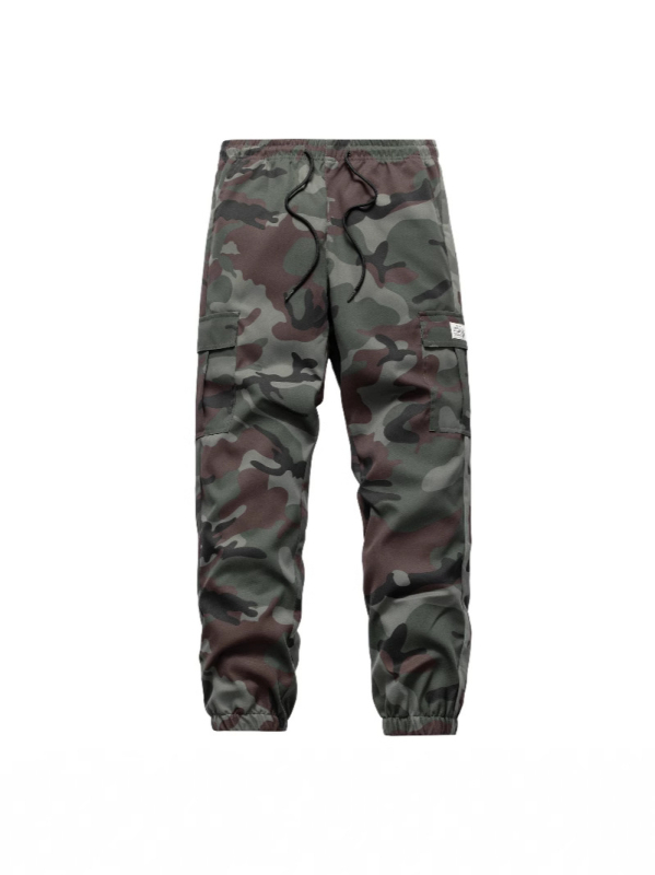 Pantaloni de vară pentru bărbați, exterior, stil workwear cu camuflaj, poliester, croi drept, talie medie, cu curea, buzunare multiple