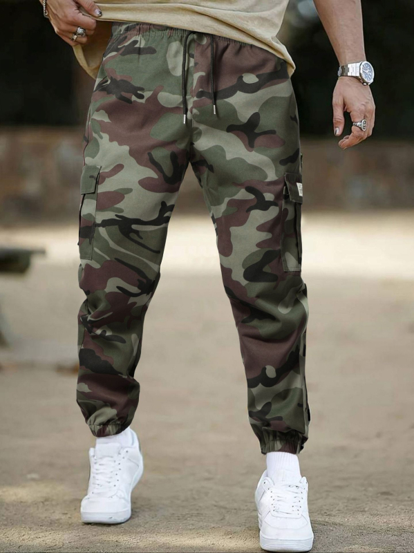 Pantaloni de vară pentru bărbați, exterior, stil workwear cu camuflaj, poliester, croi drept, talie medie, cu curea, buzunare multiple