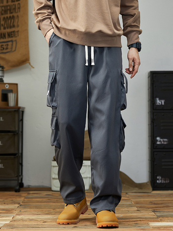 Ανδρικά παντελόνια εργασίας με ίσια γραμμή, μεσαία μέση, ζώνη, πολλαπλές τσέπες, ανθεκτικά στη φθορά