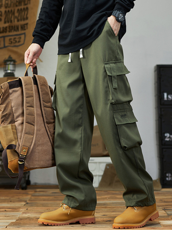 Ανδρικά παντελόνια εργασίας με ίσια γραμμή, μεσαία μέση, ζώνη, πολλαπλές τσέπες, ανθεκτικά στη φθορά