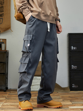 Ανδρικά παντελόνια εργασίας με ίσια γραμμή, μεσαία μέση, ζώνη, πολλαπλές τσέπες, ανθεκτικά στη φθορά