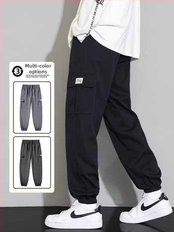 Ανδρικά παντελόνια casual jogger, χαλαρή εφαρμογή, μήκος 9/10, μεσαία μέση, με ζώνη, ελαστικό ύφασμα