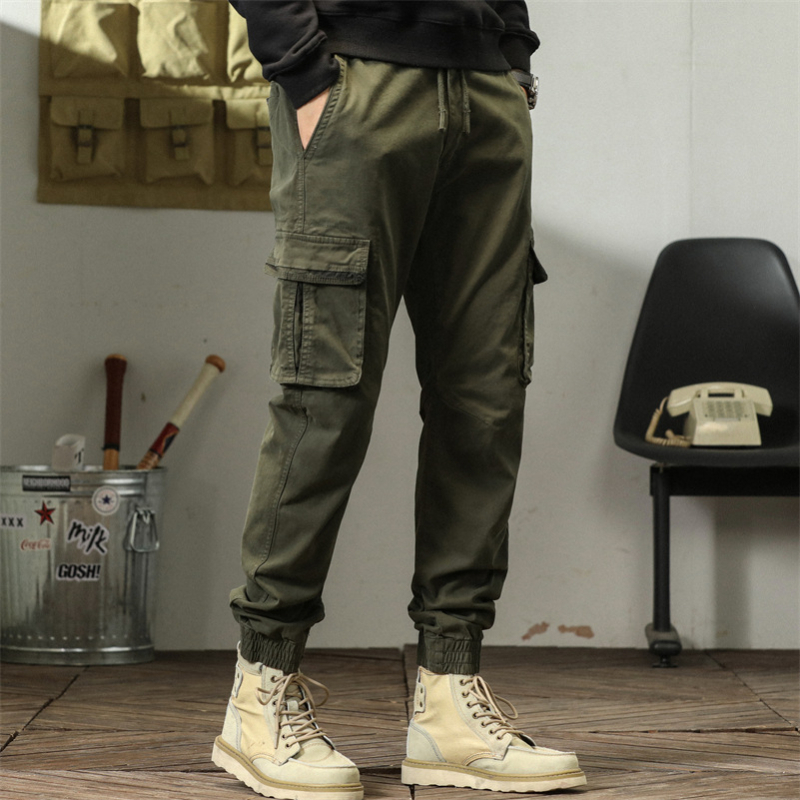 Muške radne hlače slim-fit, vojnozelene, duge, casual hlače, 320 g