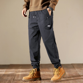 Ανδρικά καθημερινά παντελόνια σε κορεατικό στυλ, φαρδιά γραμμή, μεσαία μέση, μονόχρωμα, λεπτομέρειες στις τσέπες