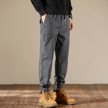 Ανδρικά καθημερινά παντελόνια σε κορεατικό στυλ, φαρδιά γραμμή, μεσαία μέση, μονόχρωμα, λεπτομέρειες στις τσέπες