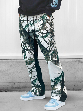 Ανδρικά καμουφλαρισμένα cargo παντελόνια, ίσια γραμμή, μεσαία μέση, πολυεστέρας, πολλαπλές τσέπες, κλείσιμο με κορδόνι