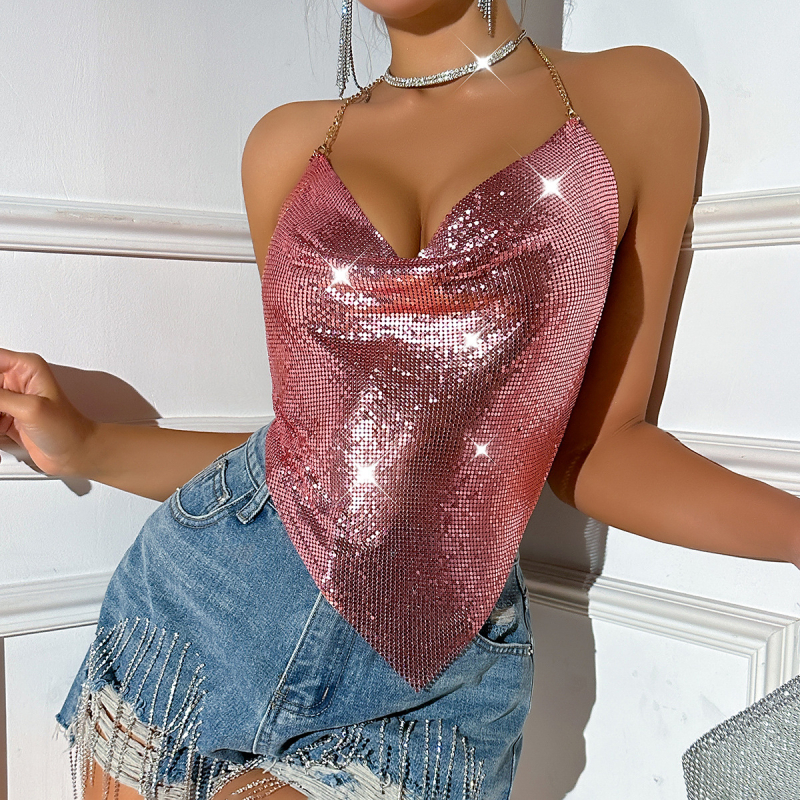 Tube top s metalnim lancem i štrasom, otvorena leđa, 3D uzorak, asimetričan dizajn, odvojive halter trake
