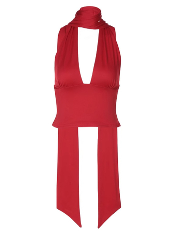 Γυναικείο τοπ με halter λαιμό, στενή γραμμή, ύφασμα Milk Silk με πολυεστέρα και σπάντεξ, διπλές τιράντες