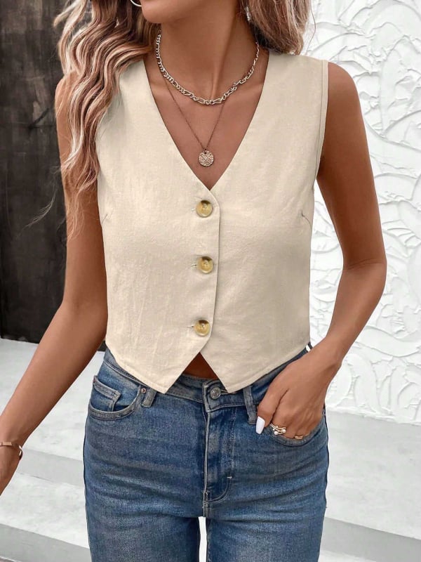 Moterų be rankovių trumpas vest-topas, V kaklo, vienalytė poliesterio medžiaga, siauras kirpimas, 2025 m. pavasaris