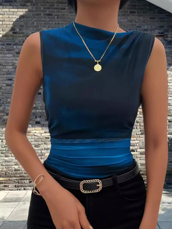 Тениска без ръкави с тай-дай принт, кръгло деколте, полиестер-еластан смес, нормална дължина, стил градски комфорт