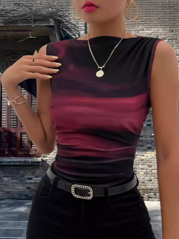 Тениска без ръкави с тай-дай принт, кръгло деколте, полиестер-еластан смес, нормална дължина, стил градски комфорт