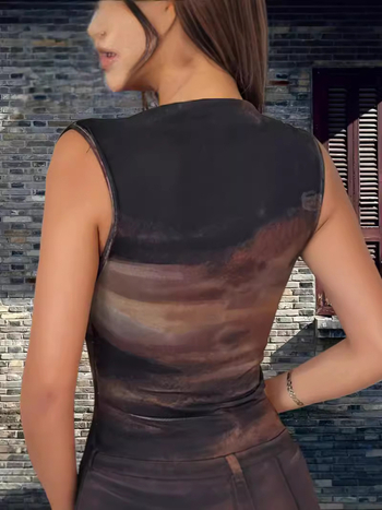 Тениска без ръкави с тай-дай принт, кръгло деколте, полиестер-еластан смес, нормална дължина, стил градски комфорт