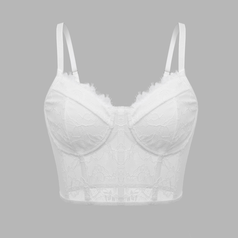 Csipkés camisole-stílusú felső, mély V-nyakkal, hátsó rész nélkül, karcsú szabás, rugalmas csipével spandexszel