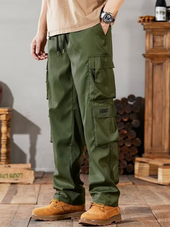 Εργατικά παντελόνια casual με πολλαπλές τσέπες, ίσια γραμμή, μεσαία μέση, ανθεκτικό πολυεστερικό ύφασμα