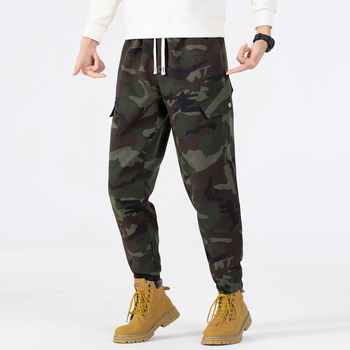 Εργατικά παντελόνια καμουφλάζ με φλίς επένδυση, ίσια γραμμή, με ζώνη, χειμώνας 2024