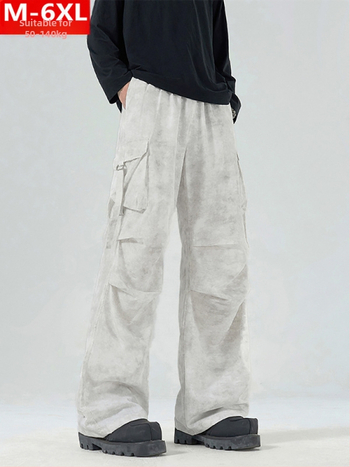 Ανδρικά παντελόνια εργασίας σε στυλ Χονγκ Κονγκ, καμουφλάζ, χαλαρή γραμμή, μέση μεσαίου ύψους, κλείσιμο με κορδόνι, πολυεστερικό ύφασμα