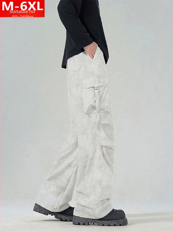 Ανδρικά παντελόνια εργασίας σε στυλ Χονγκ Κονγκ, καμουφλάζ, χαλαρή γραμμή, μέση μεσαίου ύψους, κλείσιμο με κορδόνι, πολυεστερικό ύφασμα