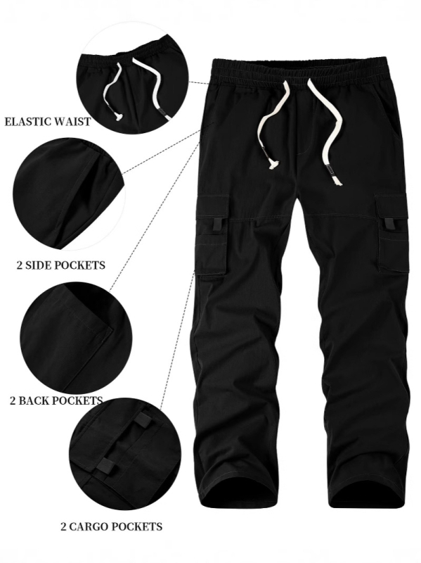 Meeste kerge polüesterist kootud tööpüksid, nelja aastaaja kandmiseks, vabaaja- ja sportlik stiil, keskmise tõusuga vöökoht, triikimata