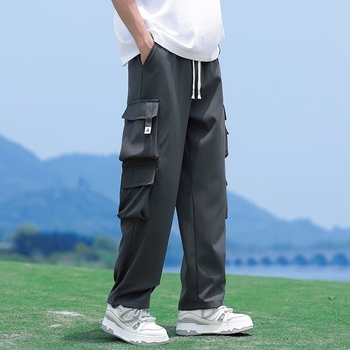 Ανδρικά παντελόνια σε κορεατικό στιλ, ίσια γραμμή, καθημερινά παντελόνια εργασίας με ζώνη και κλείσιμο με κορδόνι, πολλαπλές τσέπες