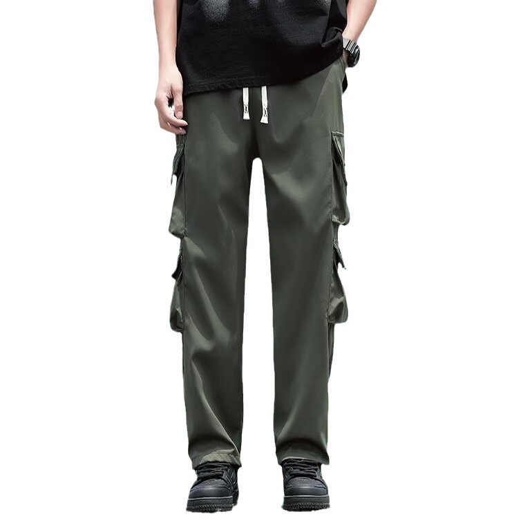 Ανδρικά παντελόνια σε κορεατικό στιλ, ίσια γραμμή, καθημερινά παντελόνια εργασίας με ζώνη και κλείσιμο με κορδόνι, πολλαπλές τσέπες