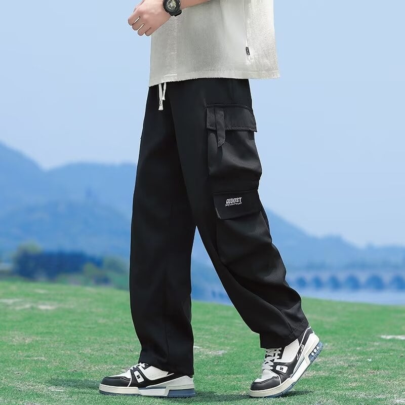 Ανδρικά παντελόνια σε κορεατικό στιλ, ίσια γραμμή, καθημερινά παντελόνια εργασίας με ζώνη και κλείσιμο με κορδόνι, πολλαπλές τσέπες